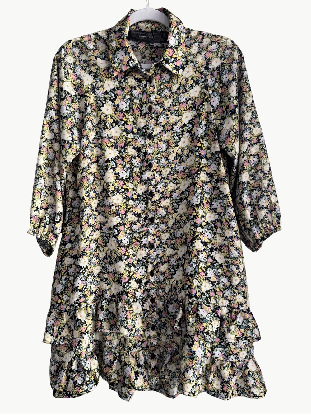 Code Mode Floral Button up Ruffle Tunic Dress Black, Cream Pink Yellow Flowers S